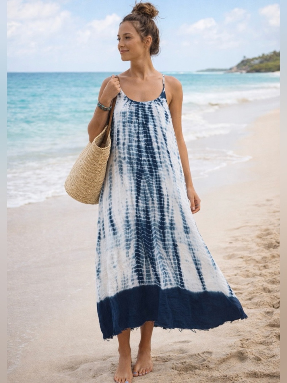 Natural Life Blue White Tie Dye Maxi Dress Raw Hem Boho Cotton Gauze Sz S💛